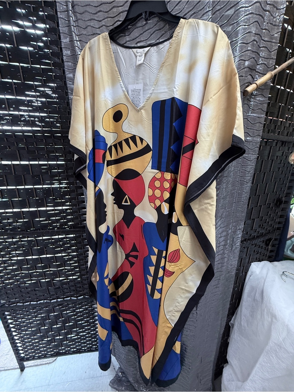 Gypsie Blu Abstract Silhouetted Figures V-Neck Kaftan